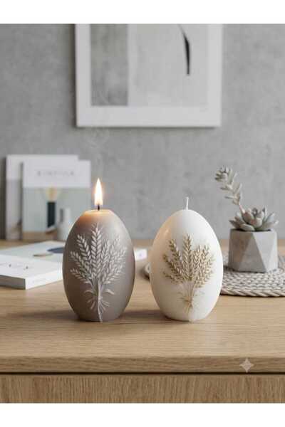 SCA CANDLE Dekoratif mum buğday desenli yumurta formlu Beyaz ve küm Rengi top...