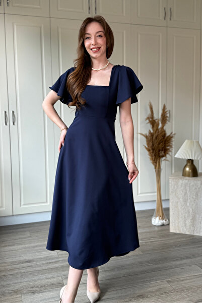Dilay Gökoğlu Butik Elegant Midi Flared Dress with Ruffle Detail on the Sleeve