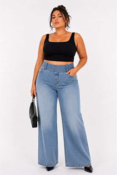 ZANESSİ FASHION Plus Size High Waist Denim Wide Leg Women's Pants