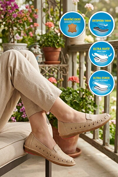 AYAKMOD Beige Narrow Fit Genuine Leather Orthopedic Women's Casual Shoes 1008 Z