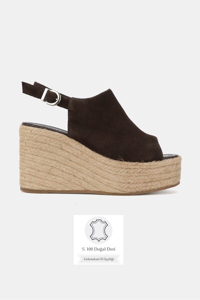 TUNAELLİ Women's Brown Suede Genuine Leather Size 36-41 Wedge Heel Daily Espa...