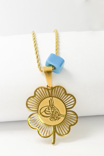 DEARWİSH Gold Color Stainless Steel Necklace with Evil Eye Verse & Ottoman Monogram Clover Design and Twisted Chain