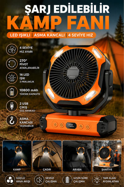 Yussraw Led fenerli kamp vantilatörü 10800 mah saat ayarlı ayarlanabilir başl...