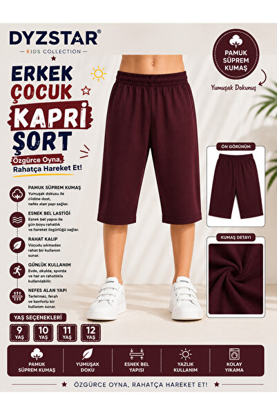 DYZSTAR Erkek Çocuk Pamuk Süprem Kapri Şort Koyu Bordo 9-10-11-12 Yaş