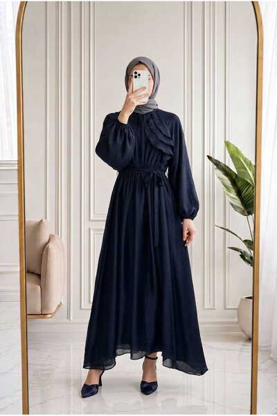 MİHRA STORE Teresa Ruffled Front Balloon Sleeve Voile Dress-Ek639 Navy Blue