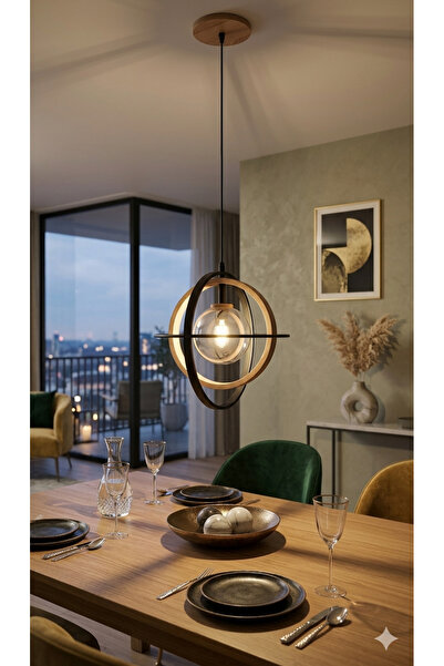 Neon Modern Pendant Chandelier with Wooden and Metal Ball Design in Black
