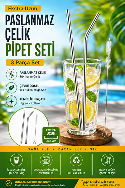GÖZDE AKKURT Paslanmaz Çelik İçecek Pipeti Seti 3 Parça – Uzun Metal Pipet ve...