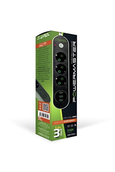 Powermaster PM-17021 10 AMPER - 2500 WATT 3'LÜ 2 METRE KABLOLU 3 USB'Lİ KABLO...