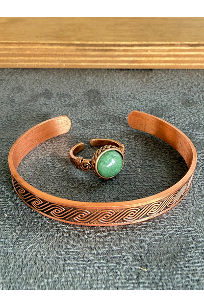 Rupen Kraft Handcrafted copper bracelet and natural stone ring set, adjustabl...