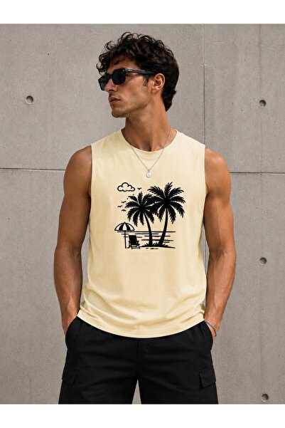 caddekombin Men's Summer Themed Palm Tree and Sea Printed Zero Sleeve Round N...