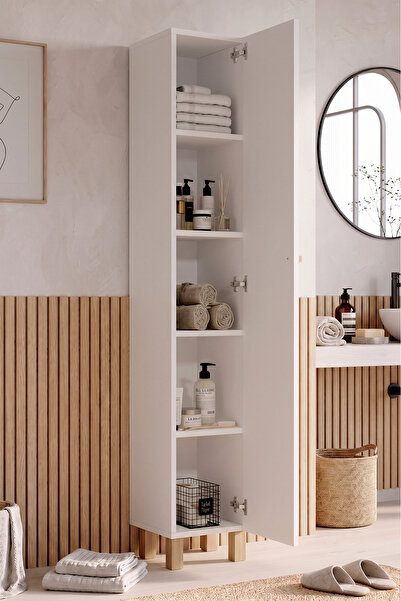 Yurudesign Oslo Tek Kapaklı Ahşap Ayaklı Çok Amaçlı Banyo Boy Dolabı Dar Alan...