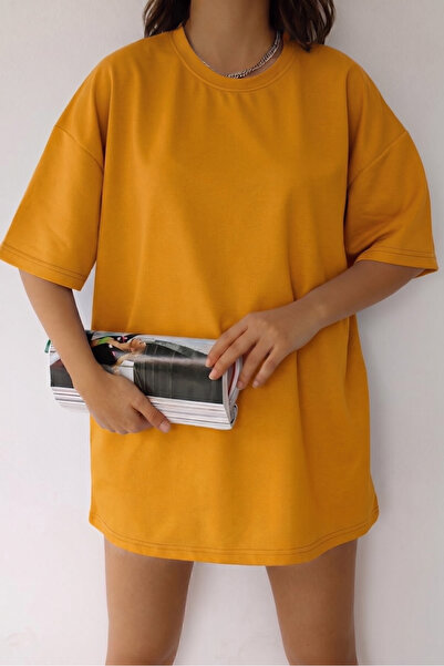 JAKARLI HARDAL SARI Bisiklet Yaka Pamuk Oversize Boyfriend T-shirt
