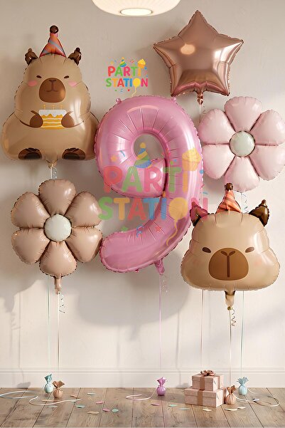 Parti Station Capybara Themed 9Th Birthday Balloon Set 6 Pieces Capybara Ball...