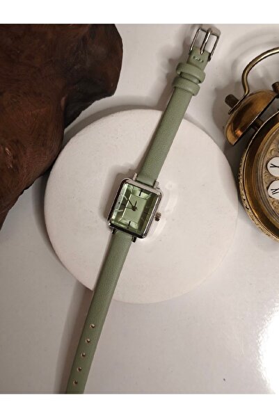 ABAGROUP Vintage women's wristwatch small rectangular case aqua green leather...