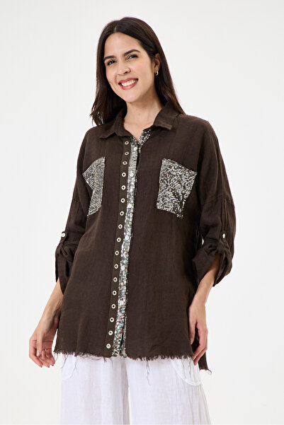 della moor Women's Brown Italian 100% Linen Sequined Ring Stripe Oversize Lin...