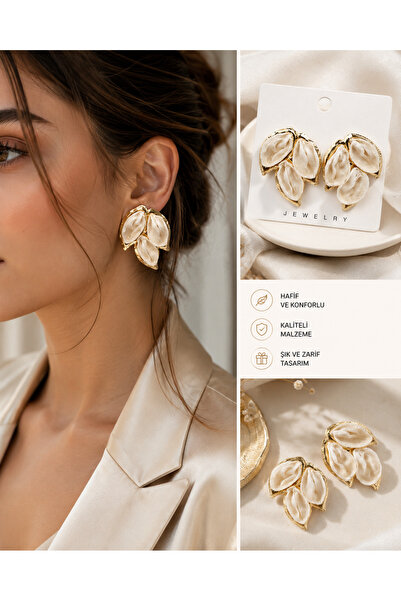 kasımoğulları concept Elegant Leaf Design Gold Women's Earrings with Cream Fa...