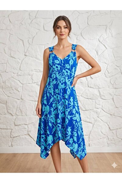 520CK Women's Blue Patterned Strappy V-Neck Asymmetrical Cut Summer Dress