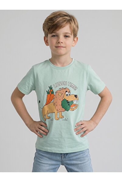 edoy Cotton Vegan Lion Lunch Printed Short Sleeve T-shirt