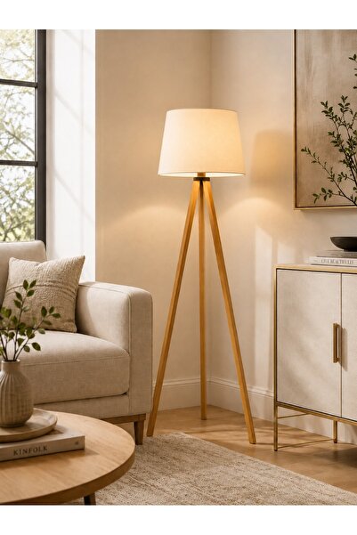 MODA35 Tripod Lambader Krem Kumaş Başlık Ahşap Ayal L104