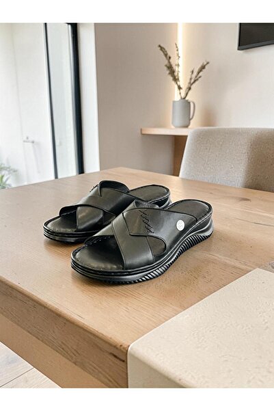 Mammamia D26Yt-1750 Black Genuine Leather Full Orthopedic Women's Slippers