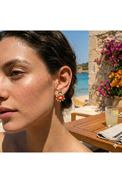 SoulSisco Jewellery Çelik İncili Göz Küpe -Turuncu
