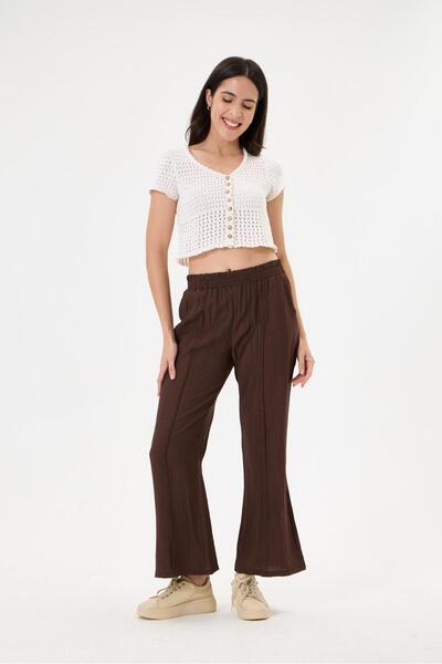 Vesli Women's Strawberry Fabric Palazzp Pants Elastic Waist Pockets Wide Legs Brown