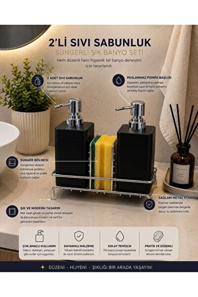 GLORİNDA HOME LÜKS SİYAH RENK GÜMÜŞ DETAYLI SABUNLUK,DETARJANLIK,SÜNGERLİ VE ...