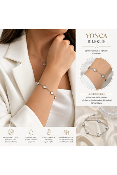 kasımoğulları concept White Mini Clover Detailed Stainless Steel Women's Brac...