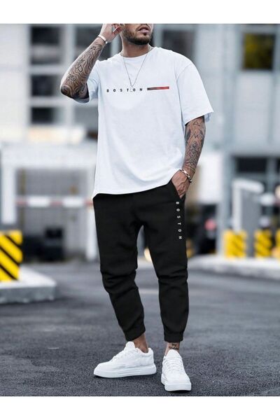 ONLY QUALİTY Unisex Beyaz Baskılı Tshirt Siyah Yazlık Eşofman Takım