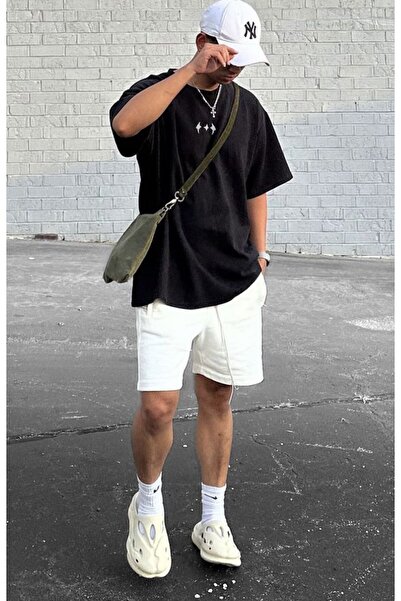 ONLY QUALİTY Unisex White Printed Tshirt Black Summer Tracksuit Set