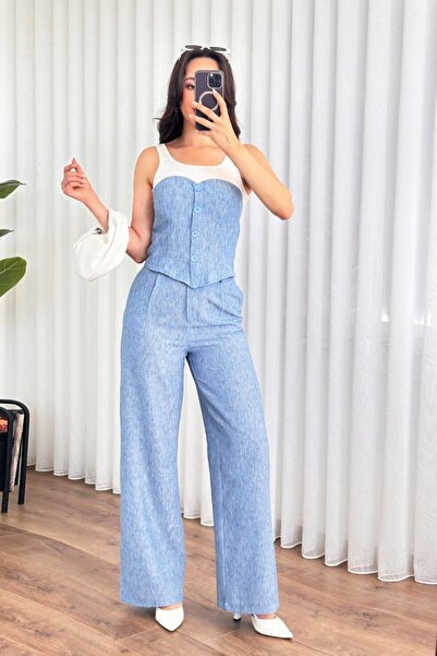 Afili butik Linen Look Buttoned Bustier and Wide-Leg Pants Two-Piece Set
