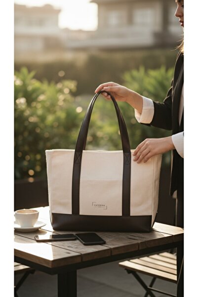 Caterina Collection Crude Leather Detailed Canvas Hand and Shoulder Bag