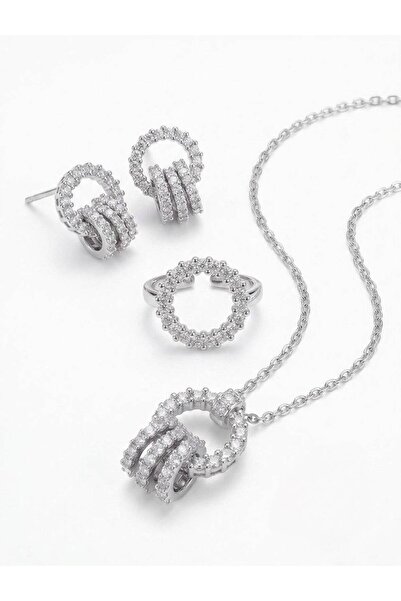 Nevara Luxury Silver Color Plated Necklace + Earrings + Ring Full Zircon Spar...