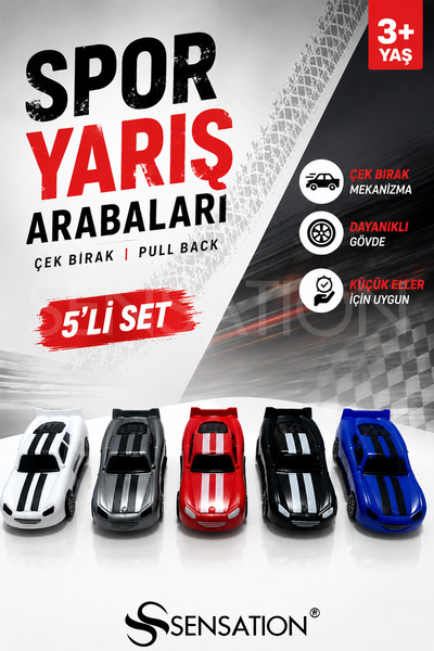 sensatıon 5'li Çek Bırak Spor Araba Seti – Mini Yarış Arabaları, 9x4,5 cm , Ş...