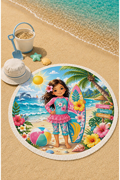 Evmila Devojčica surferka, okrugli dečiji peškir za plažu 150 cm, peškir za d...