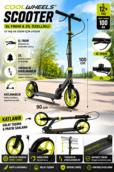 Cool Wheels 12+ Yaş Katlanabilir Çocuk Scooter – El Frenli Güvenlik Sistemi, ...