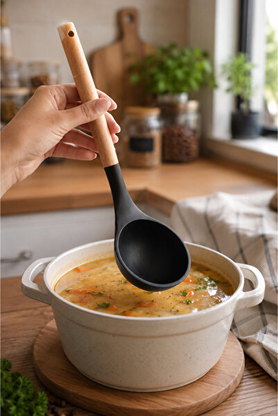 MİEN Bamboo Handle Silicone Soup Ladle Black 1 Piece