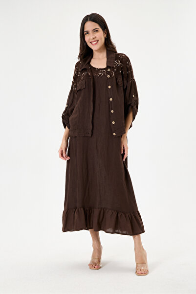 della moor Brown Italian 100% Linen Jacket with Mesh on the Shoulder and Coll...
