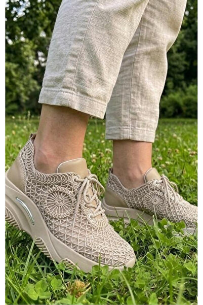 Nubbock Bej Lace Detailed Breathable Lightweight Sole Women's Sneaker Nk4176