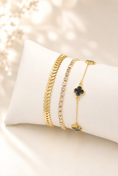 Crc Bijuteri Colorfast Gold Color Zircon Stone 3-Piece Women's Bracelet Set