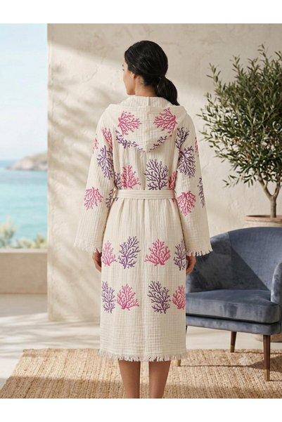 TekStilize Purple Coral Patterned Peshtemal Muslin Bathrobe Soft, Lightweight and Breathable Woven Fabric (100% Cotton)