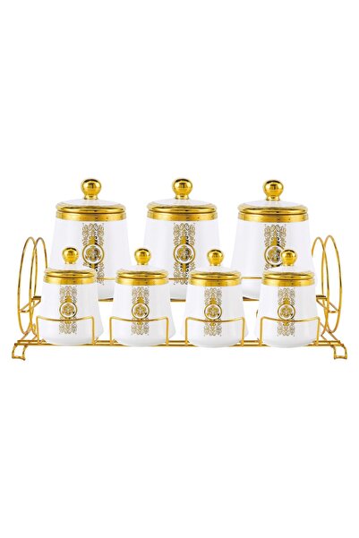 Vadi Gold Patterned Porcelain Spice Set 7-Piece Set Storage Jar with Metal Stand and Lid