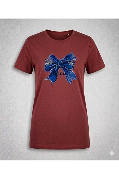 KOZİA OUTDOORS Women's Blue Bow Print Oversized Crew Neck T-Shirt