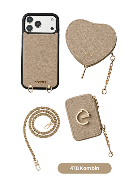 iPhone 17 Pro Compatible M-Stand Wallet, Heart Bag, Chain Strap and Case Beige Set of 4 - By Bero Lina
