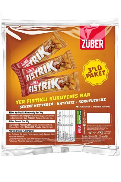 Züber Fıstrık Yer Fıstıklı Kuruyemiş Bar 30g x 3 Adet