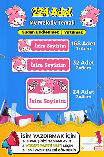 SB store Okul Kreş Kişiye Özel isim Etiket Seti My Melody Temalı - Model 708