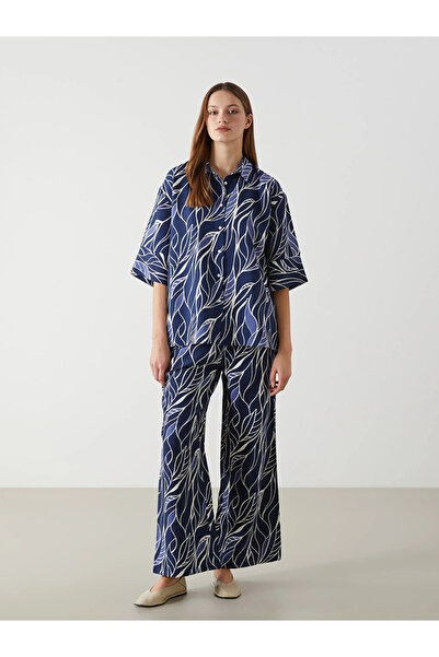 LC Waikiki Navy Blue Elastic Waist Patterned Wide Leg Women's Trousers