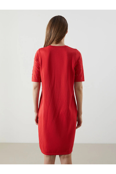 LC Waikiki Red Crew Neck Beaded Knit Dress