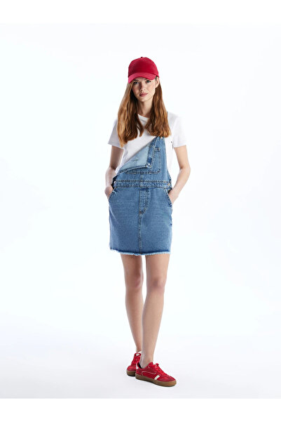 LC Waikiki Blue Square Collar Women's Jean Salopet Dress