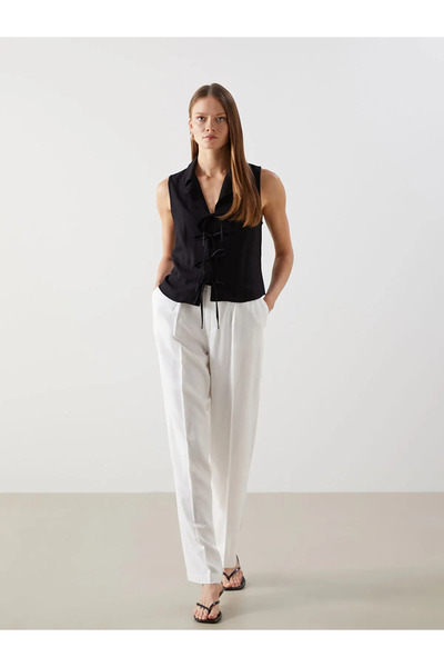 LC Waikiki White Elastic Waist Linen Blend Women's Trousers